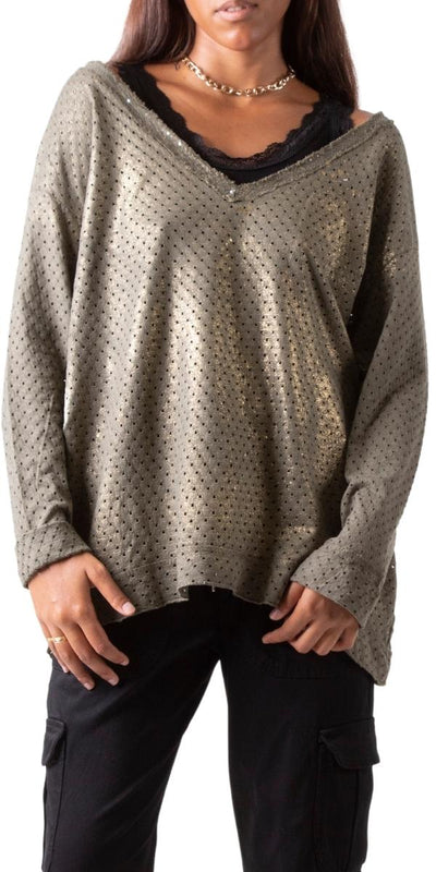 Perforated Long Sleeve Top - Shop at Zia -- casual, casual top, cotton, long sleeve, made in italy, metallic, one size, one size fits all, perforated, resort wear, winter