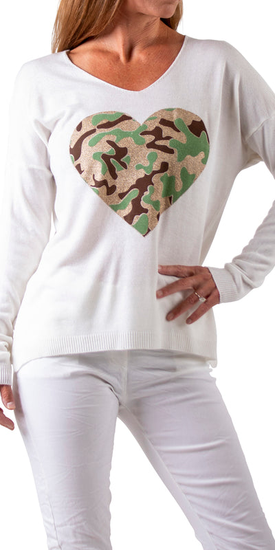 Camo Heart Sweater - Shop at Zia -- camo, HEART, knit, made in italy, sweater