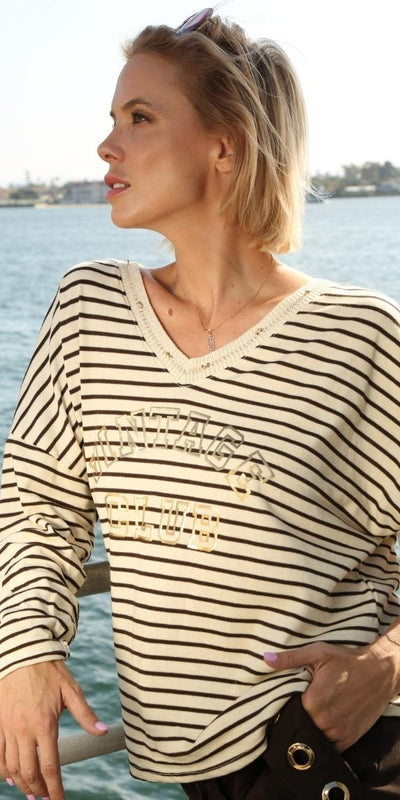 "Vintage Club" Striped Sweater - Shop at Zia -- casual, casual top, cotton, long sleeve, made in italy, one size, one size fits all, resort wear, striped, winter