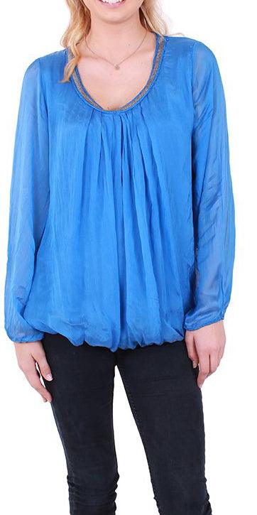 Long Sleeve Blouse with Metallic Trim - Shop at Zia -- 2094, blouse, blouse outlet, california outlet, encinitas outlet, italian clothing outlet, italian outlet, long sleeve, long sleeve outlet, made in italy, metallic trim, san diego outlet, silk, Tops & Blouses, winter outlet, womens outlet