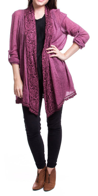 Lace Collar Open Cardigan - Shop at Zia -- cardigan, cardigan outlet, Cuffed-Sleeve, feminine clothing outlet, floral, fringe, gigi moda outlet, italian boutique, italian clothing outlet, Jackets & Coats, knit, lace, made in italy, outlet california, sweater, womens clothing outlet