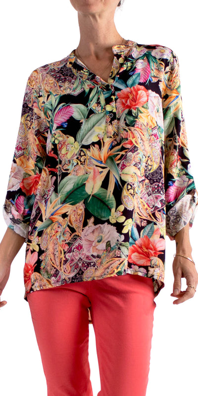 Paisley Flower Digital Print 3/4 Sleeve Button Down Shirt - Shop at Zia -- 