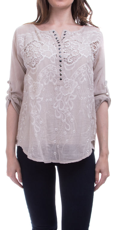 Embroidered Cotton Blouse with Sequins - Shop at Zia -- 2 Piece, blouse, Embroidered, made in italy, sequins, tops, Tops & Blouses