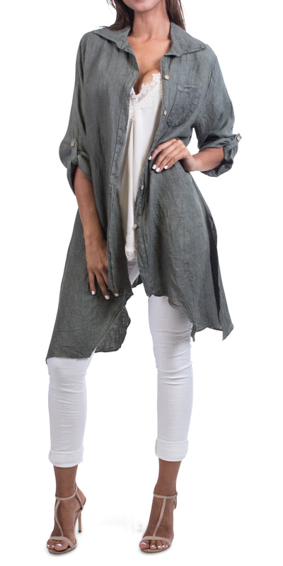 Sharkbite Linen Button Down Tunic With Cuffed Sleeves - Shop at Zia -- button down back, button down jacket, Linen, linen dress, linen jacket, linen tunic, Made in italy