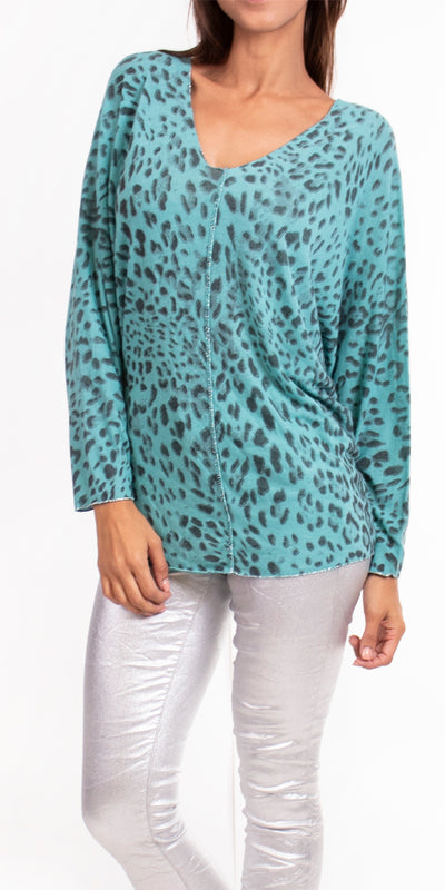 Leopard Sweater with Silver Threads - Shop at Zia -- 18384, double V neck, fall, leopard print, Made in Italy, Polyester, resort, resort wear, silver thread, sweater, Viscose, winter