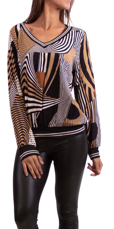 Stripe and Dot Print V-Neck Blouse - Shop at Zia -- 100% Viscose, 1858D, dot, fall, long sleeve, made in italy, one size, resort, resort wear, stripe, winter