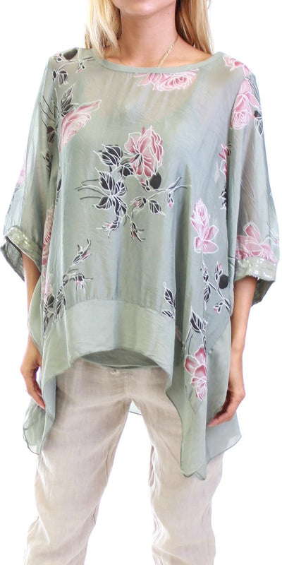 Rose Print Kaftan - Shop at Zia -- blouse, made in italy, print, silk, Tops & Blouses