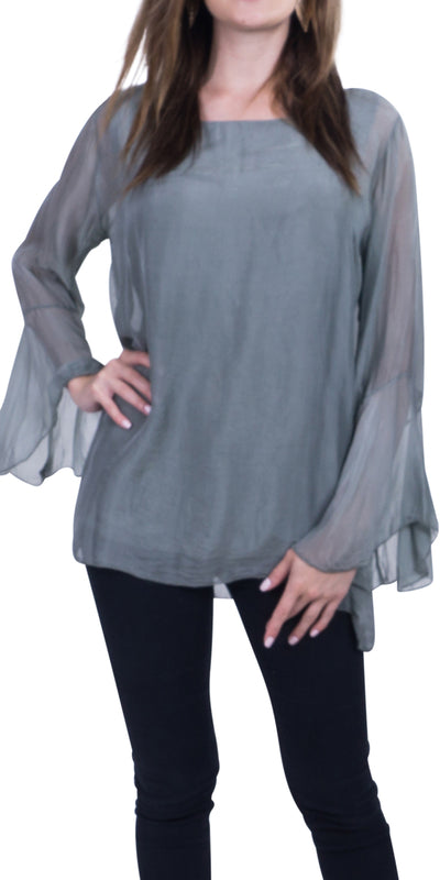 Bell-Sleeve Silk Blouse - Shop at Zia -- 2697, Bell Sleeves, Blouse, Made in Italy, Sheer Sleeves, Silk
