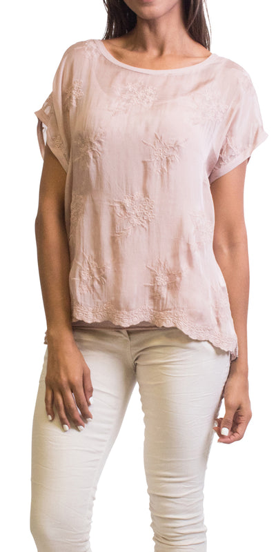 Floral Embroidery Top - Shop at Zia -- embroidery, made in italy, silk, spring, summer, top, two layers