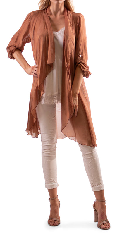 Long Silk Cardigan - Shop at Zia -- 3/4 sleeve, Cover Up, long sleeve, made in italy, one size, one size fits all, resort, sheer, silk