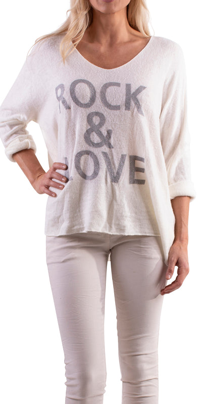 Mohair Blend Sweater with "Rock & Love" - Shop at Zia -- exotic wool, long sleeve, made in italy, mohair, one size, one size fits all, Tops & Blouses, words