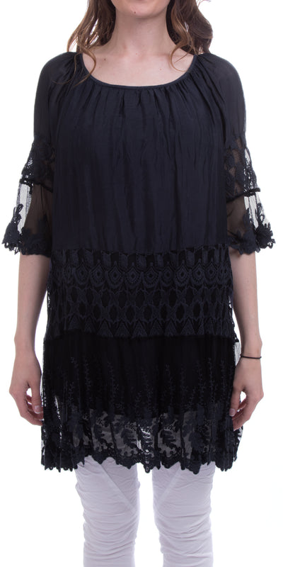 Lacey and Silk Tunic Dress - Shop at Zia -- dress, Dresses, embroidery, italian outlet, lace, made in italy, outlet dress, outlet encinitas, outlet italian dress, outlet la jolla, outlet san diego, outlet tunic, silk, tunic
