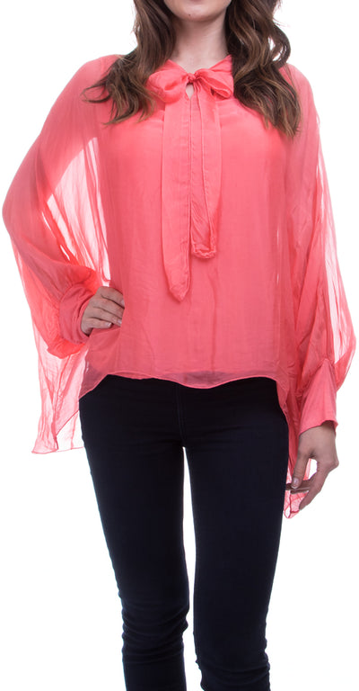 Blouse with Sheer Silk Dolman Sleeve - Shop at Zia -- blouse, italian outlet, long sleeve, one size, one size fits all, resort wear, silk, Tops & Blouses