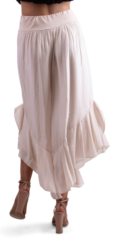 High Low Wide Silk Pant with Ruffles - Shop at Zia -- 100% linen, elastic waist, front pockets, italian linen, linen, linen pants, Wide Leg