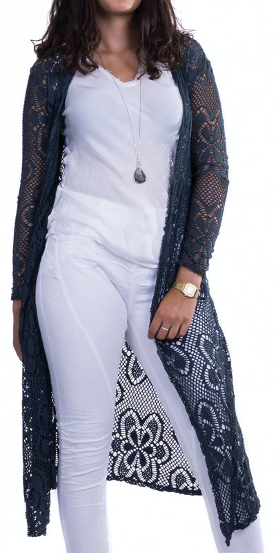 Long Lace Knit Cardigan - Shop at Zia -- 62414, Cardigan, Design, Floral, Lace Knit, made in italy, resort, resort wear, Stretch, Viscose