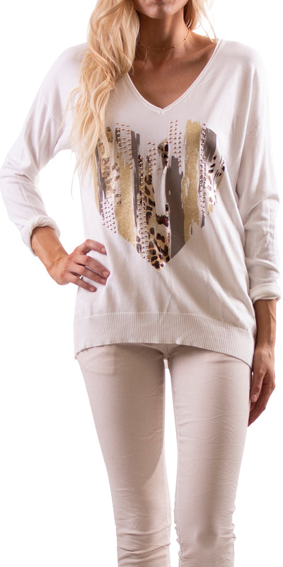Sweater with Heart Shape Design - Shop at Zia -- 3/4 sleeve, casual, HEART, lose fit, made in italy, one size, studs, top, v-neck
