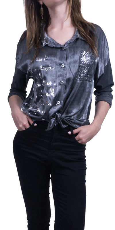 Button Up Blouse with Silver Writing - Shop at Zia -- Blouse, Buttons, Collar, Made in Italy, Silver, Writing