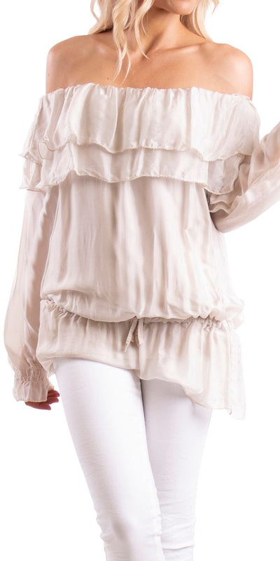 Open Shoulder Ruffle Blouse - Shop at Zia -- blouse, cold shoulder, long sleeve, made in italy, madeinItaly, one size, ruffle, silk, Tops & Blouses, viscose