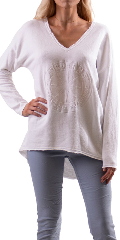 V-Neck Sweater with Imprinted Front - Shop at Zia -- casual, casual top, cotton, long sleeve, loose fit, made in italy, one size, one size fits all, resort wear, winter