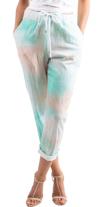 Tie-Dye Drawstring Cropped Pants - Shop at Zia -- casual pants, comfy pants, drawstring pant, Italian pant, pant, Pants, stretchy pants