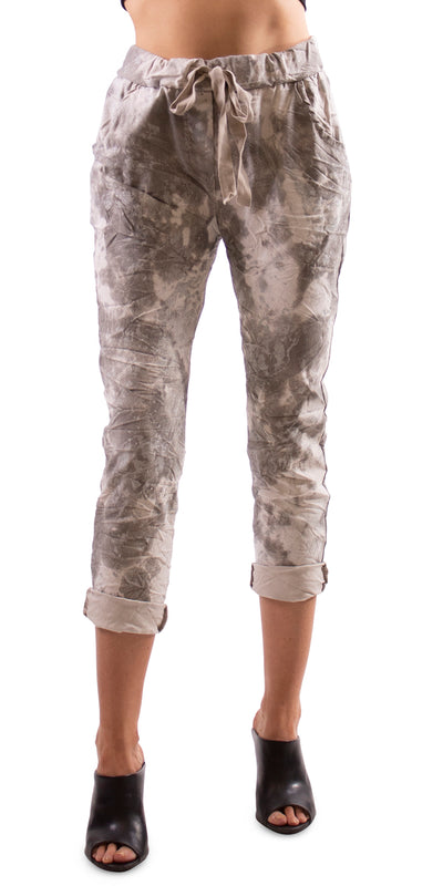 Glitter Splashed Paint Pant - Shop at Zia -- cropped, elastic, glitter, made in italy, one size, Pockets, print, rolled hem, stretch, tie waist