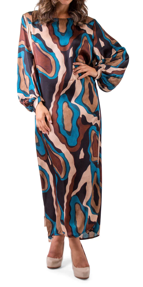Abstract Wave Print Boat Neck Keyhole Back Satin Maxi Dress Shop at Zia Abstract Wave Print Boat Neck Keyhole Back Satin Maxi Dress Shop at Zia