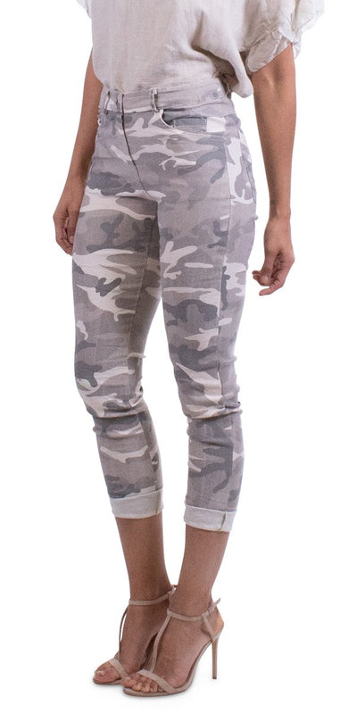 Camo Pants - Shop at Zia -- beige camo, Camo pant, comfy, elasthan, Gigi Moda, jean, Made in Italy, olive camo, OS, Polyester, resort, resort wear, stretchy, viscose, white camo