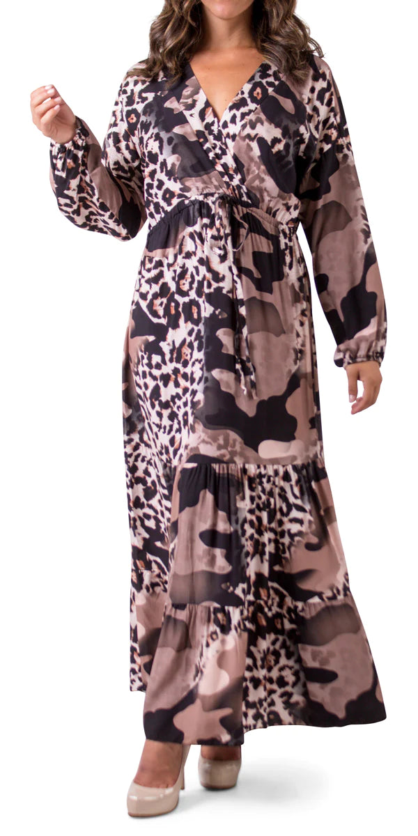 camo print maxi dress Maxi Ruffled Dress with Waist Tie and Camo Leopard Print – Shop at Zia