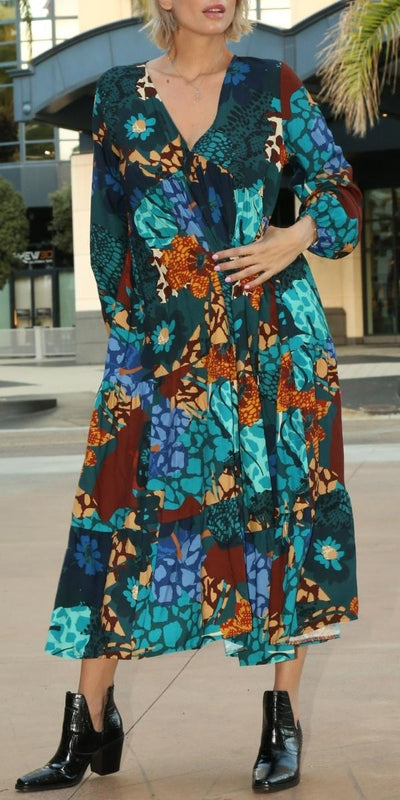 V-Neck Flowers Patch Maxi Tiered Dress - Shop at Zia -- dress, italian dress, maxi dress, outlet dress, sale dress